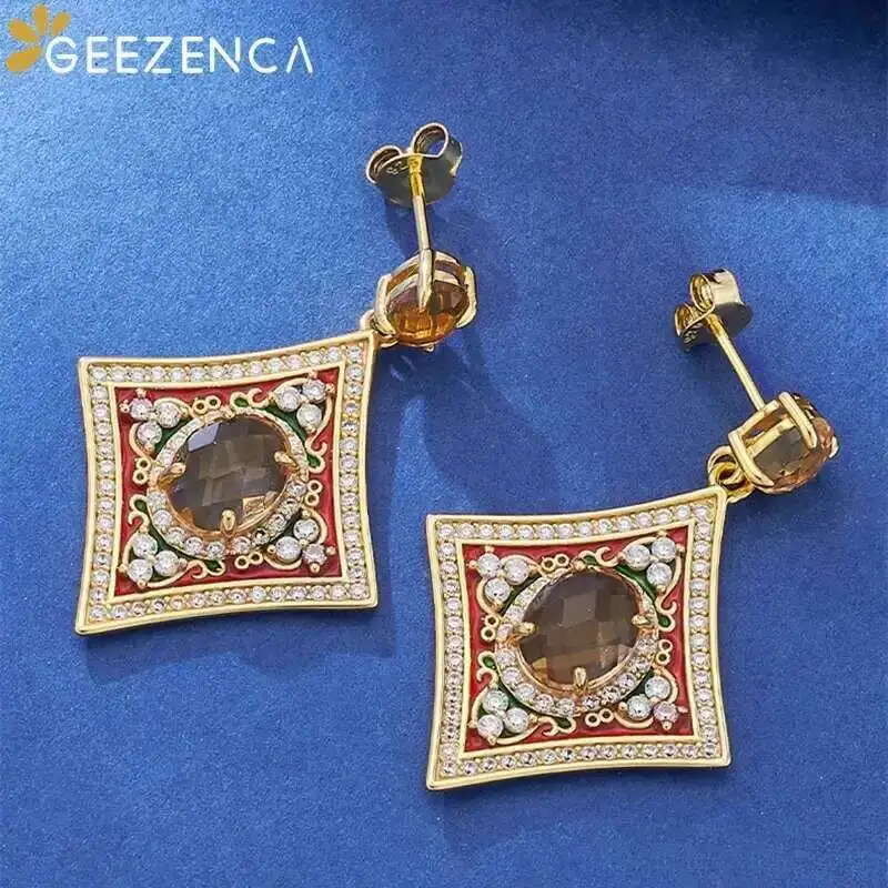 GEEZENCA 925 Sterling Silver Red Corundum Citrine Dangle Earrings Women Luxury Vintage Colorful Enamel Diamond Shaped Earring