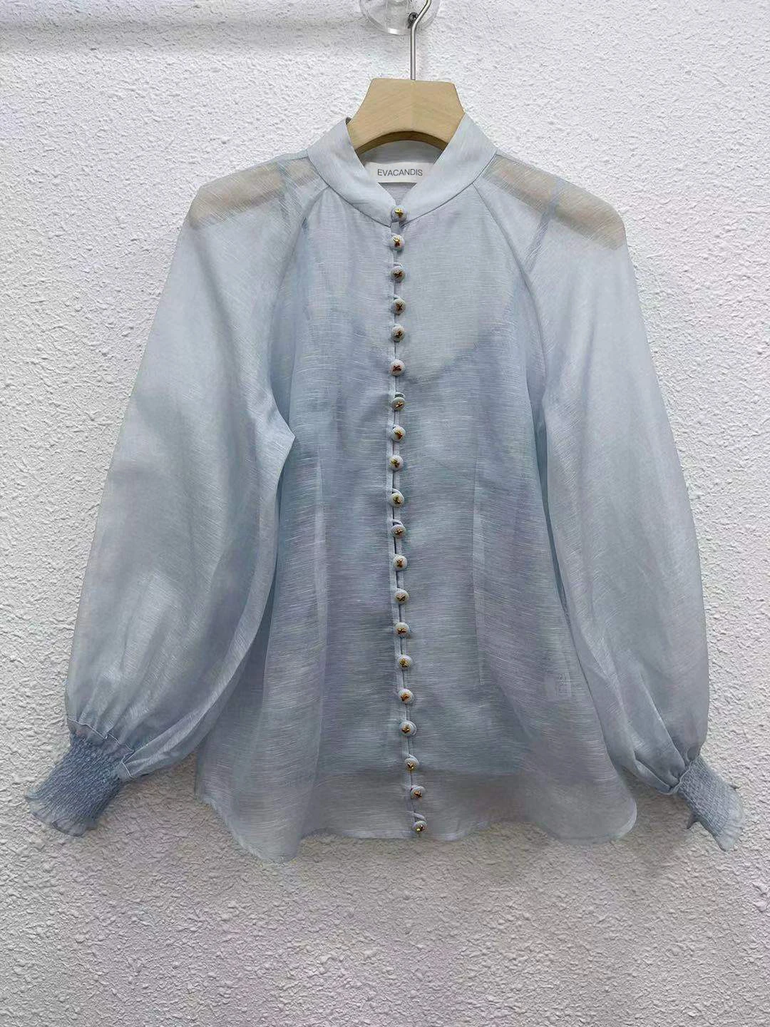 

EVACANDIS Real Silk Linen Women Blouse Tops Shirt Runway Designer Button Summer Long Sleeve High Quality European Elegant Lady