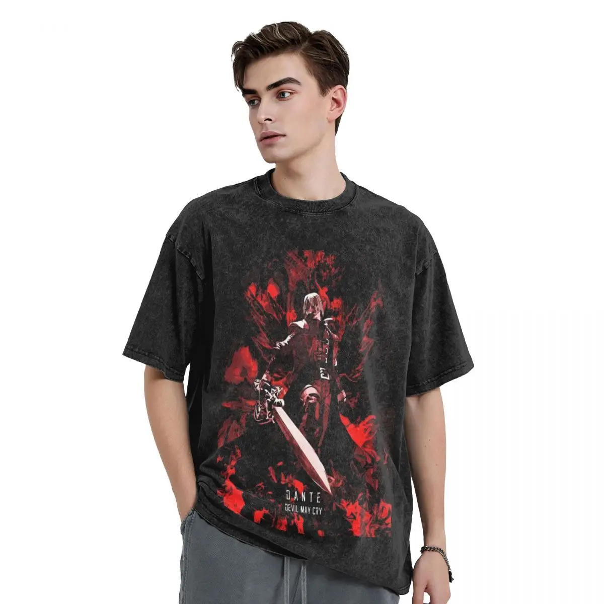 Washed T Shirt Game Vergil Dmc Hip Hop Vintage T-Shirt Harajuku Devil May Cry Streetwear Cotton Summer Tops Tee Shirt Men Women