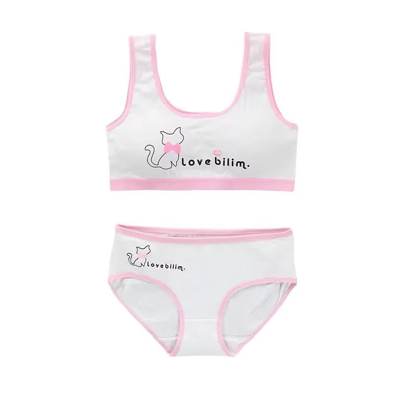 Teenage Girls Underwear Cotton-Padded Wireless Letter Print Small Bra Panty Set For Children Young Girls Sports Runnin Crop Tops