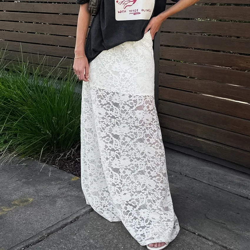 Sexy white lace hollow see through half skirt for spring and summer 2025 new high waisted jacquard A-line skirt