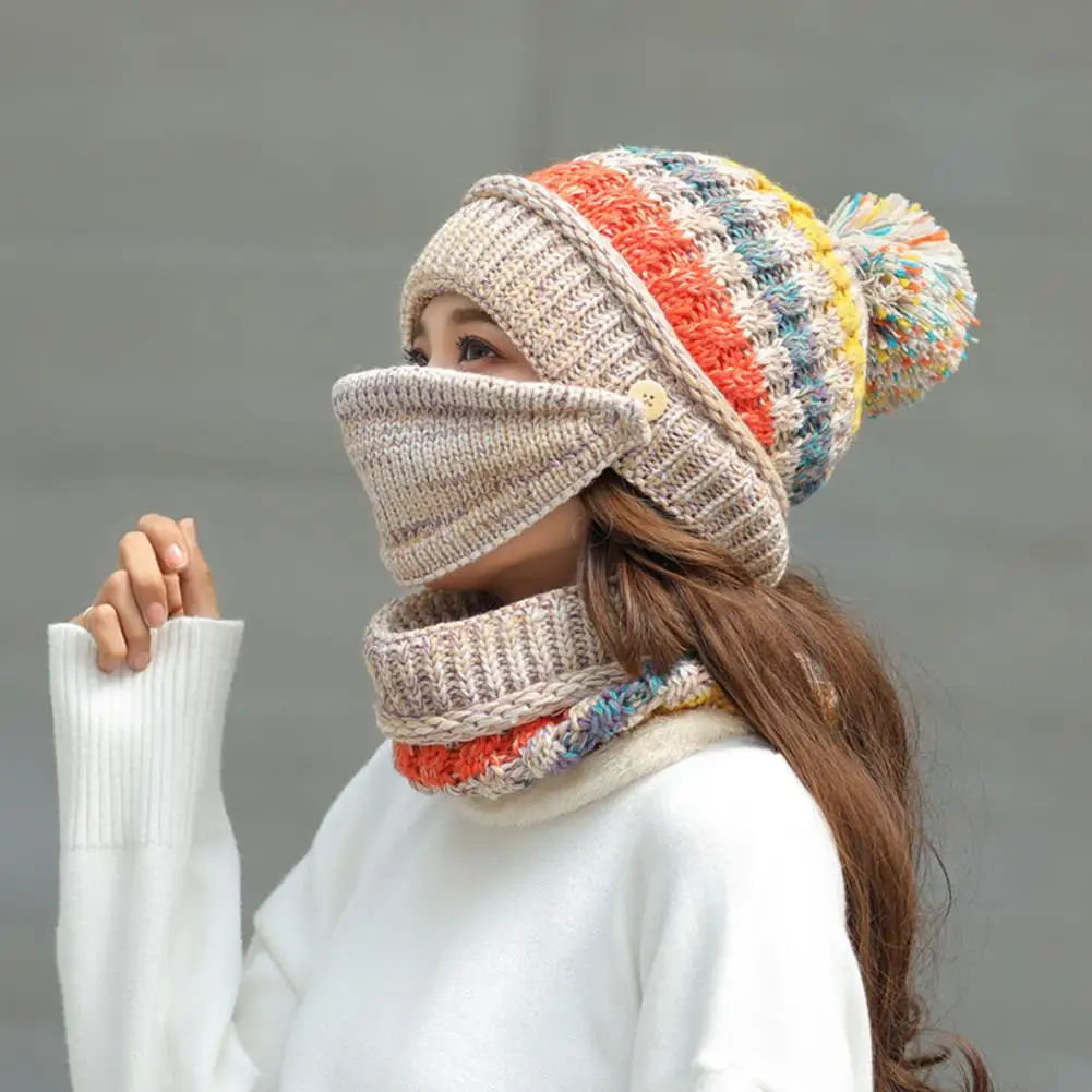 

Thickened Wool Scarf Cozy Knit Hat Scarf Face Guard Set with Plush Lining Furry Ball Decor Winter for Women for Weather