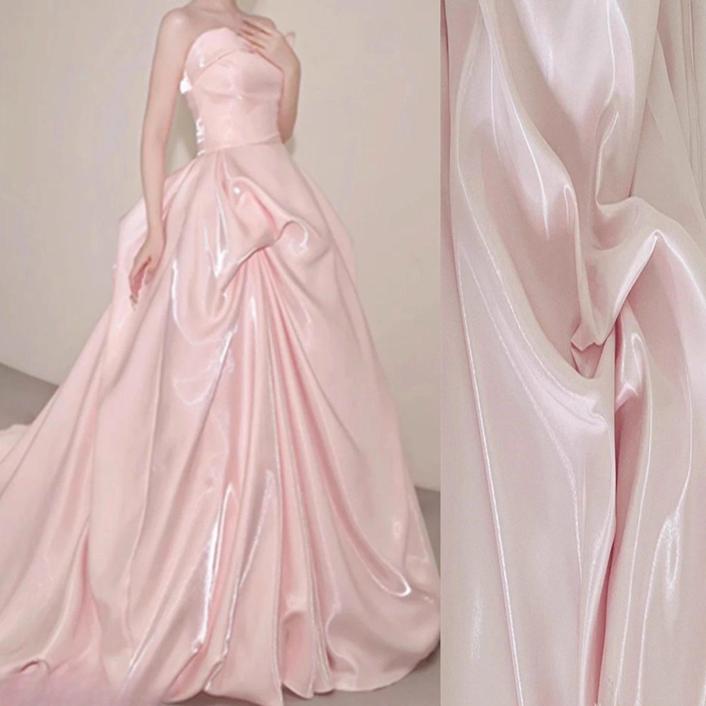 

Жесткое розовое светоотражающее вечернее платье с водой из атласной ткани, жидкое свадебное платье, юбка, дизайнерская ткань