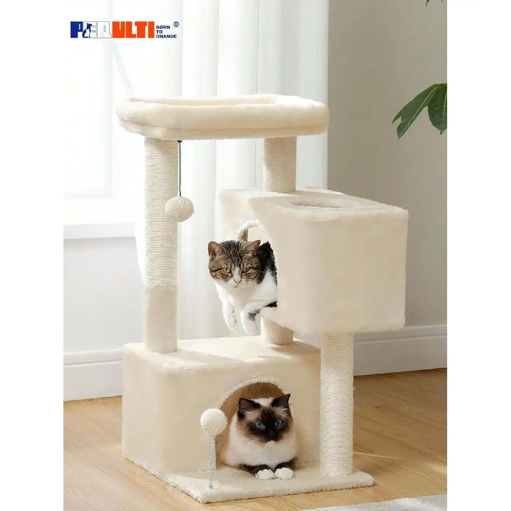 

31.5 Cat Tree Tower For Indoor Cats 2 Cozy Condos, MultiLevel Cat ching Posts With Sisal, Soft Padded Perch, 2 Dangling To