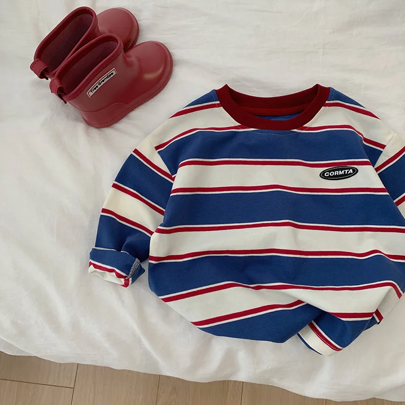 

2-7Y autumn Children Clothes For Baby Girl Boys T-shirt Stripe Cotton Long Sleeves Shirts Teen Hoodie Bottoming Shirt Kids Tops