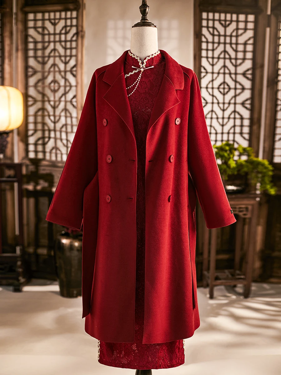 

Ele Mid-Length Woolen Coat for Women Wedding Attire Double-Sided Red Outerwear Mommy's Autumn Winter Faion Jaet