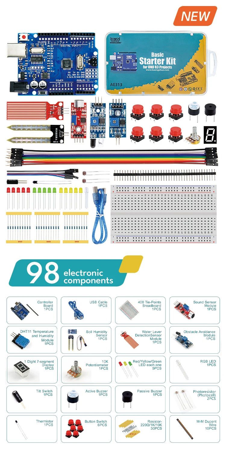KUONGSHUN Starter-Kit mit Einzelhandelsverpackung für Schulkinder, Programmier-Set, Lernspielzeug für Arduino Uno R3 – Detail 2