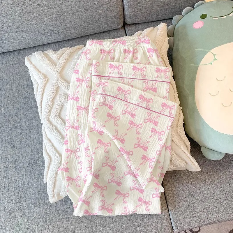 القوس طباعة الخريف والشتاء جديد منامة النساء التلبيب الرقبة الحلو عارضة لينة نوم مجموعة أزرار سترة ملابس خاصة Homewear