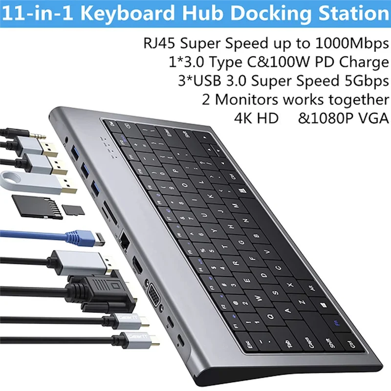 

Новая док-станция USB C с клавиатурой 11 в 1, PD 100 Вт, 4K, VGA, Ethernet, кард-ридером, USB 3.0, Aux USB C HUB для ноутбука