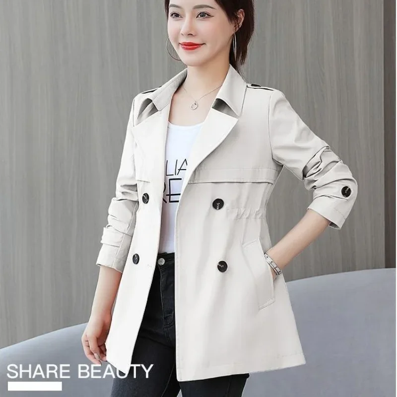 Womens Spring and Autumn New Suit Collar Trench Solid Color Cultivation Button Versatile Age Reduction Long Sleeves Coat