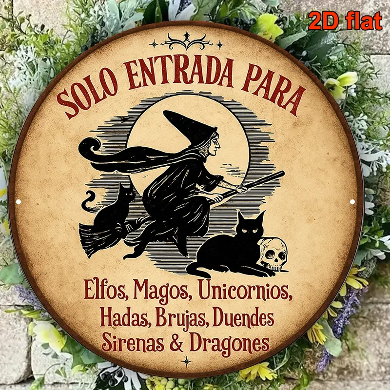 2D Flat 2D Flat, 1pc 8-Inch Round Spanish Gothic Witch And Black Cat Wooden Wall Decor - Retro Occult Sign with Spanish Text, fo