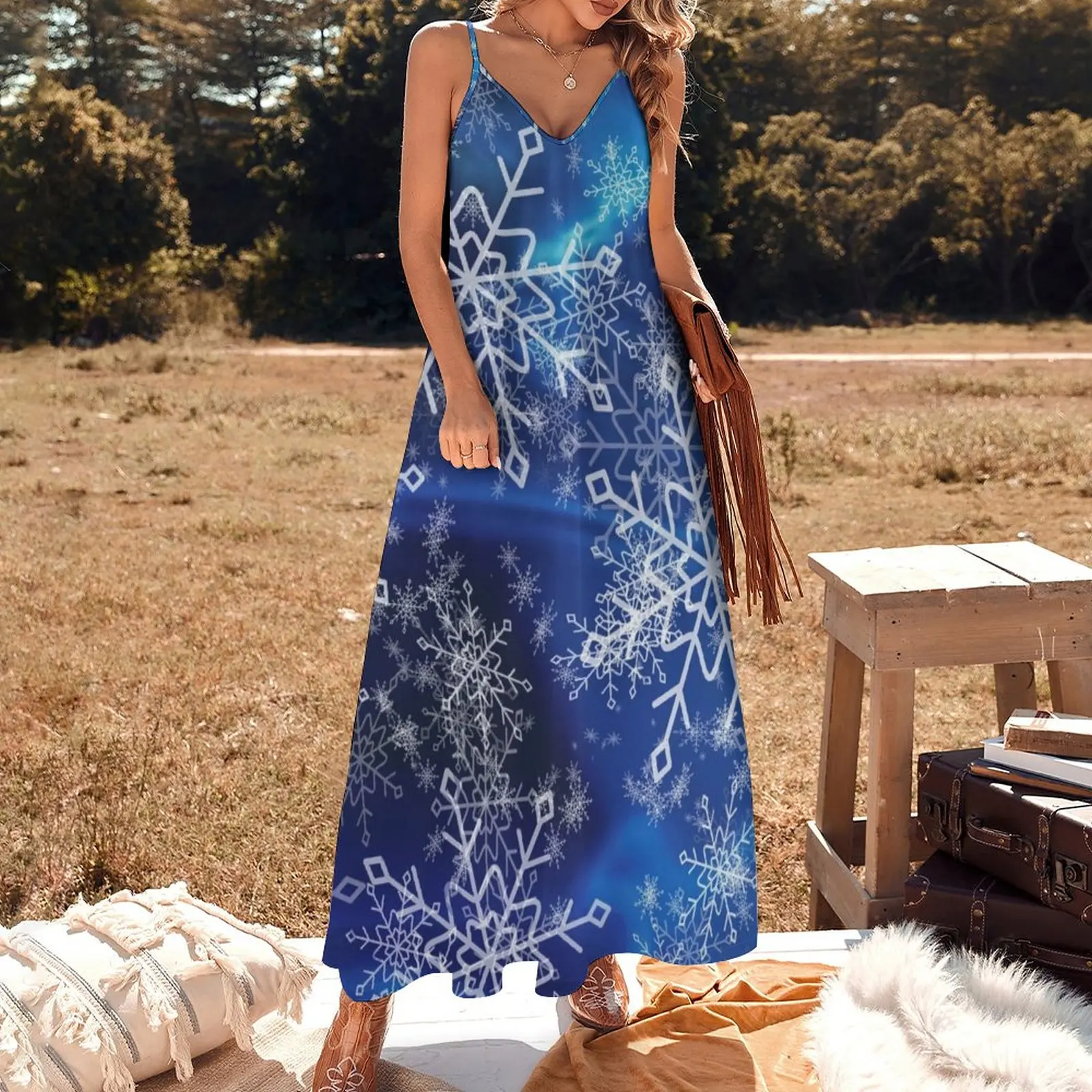 Blue Icey Snowflakes Sleeveless Dress Women's summer long dress elegant guest wedding dress clothes for women