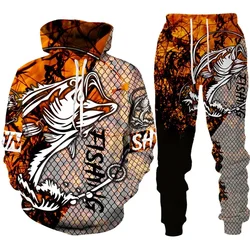 Novelty 3D Fish Printed Men Women Hoodie And Pants 2pcs Sets Camo Fishing Hunting Camping Clothes Fashion Outdoor Sportswear Set