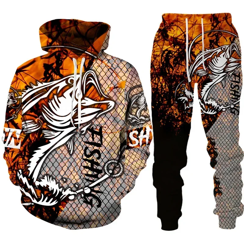 Novelty 3D Fish Printed Men Women Hoodie And Pants 2pcs Sets Camo Fishing Hunting Camping Clothes Fashion Outdoor Sportswear Set