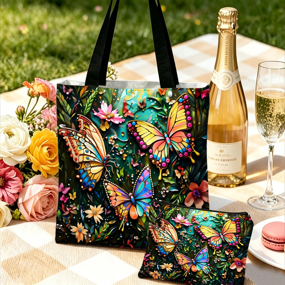 

Butterfly Print Handbag Multicolor Floral Tote Bags And Makeup Bag Combination For Women Shopping Cosmetic Travel Portable Pouch