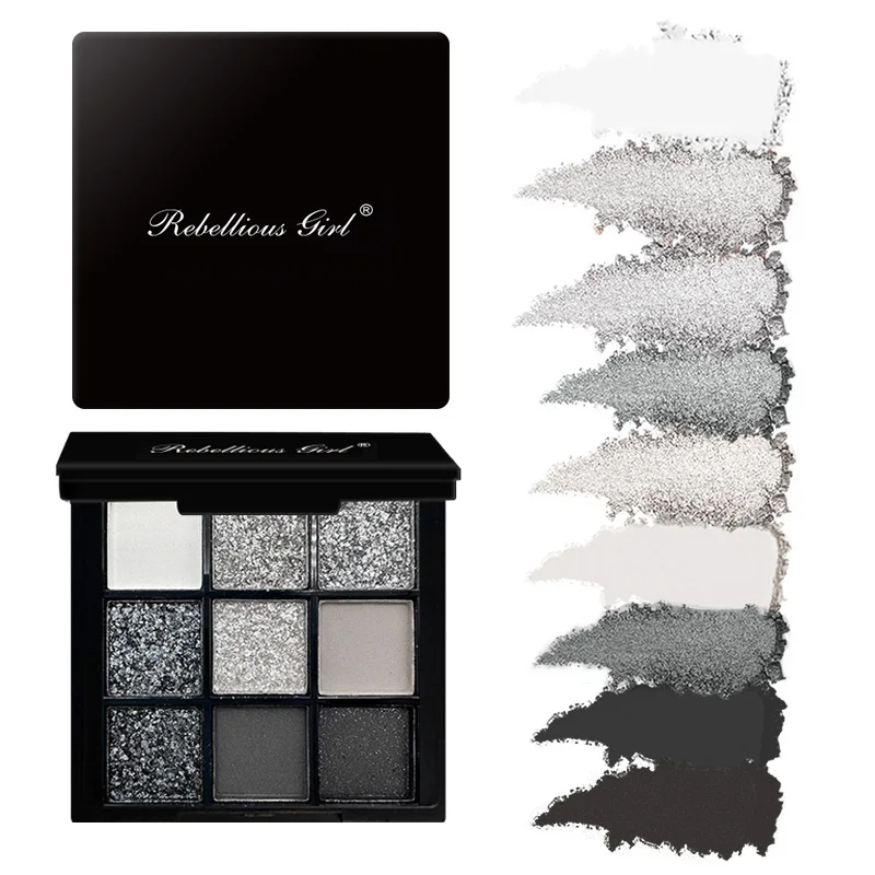 9 Colors Smokey Matte Glitter Eyeshadow Palette with Eyeliner Punk Shimmer Shiny Eye Shadow Cosmetic Black Gray Cool Toned