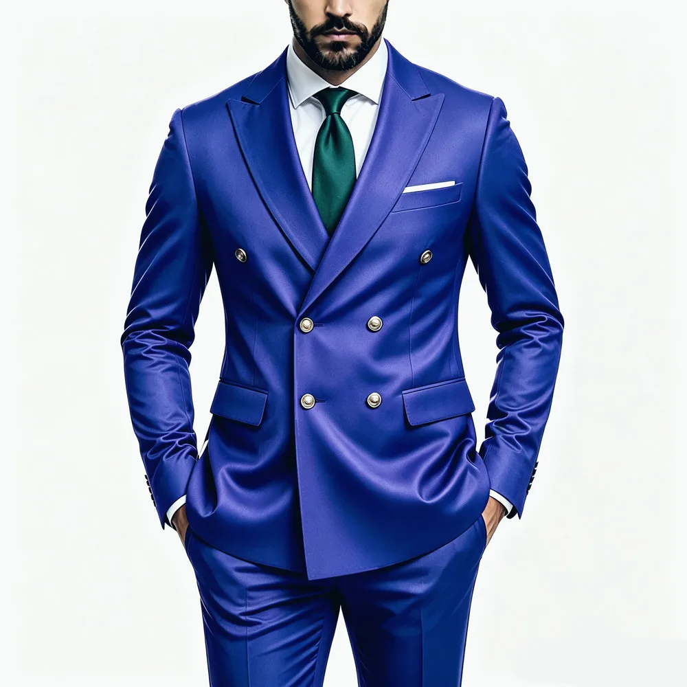 Men's Peak Lapel Double Breasted Golden Button Flap Pocket Business Commute Suit Men Trending Luxury Formal Slim Fit Groom Suit