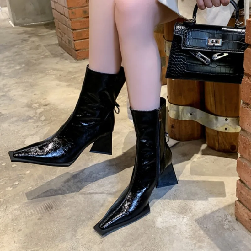 Autumn New Women's Square Toe Thick High Heel Short Boots Cycling Solid Color High Heel Fashion Casual Side Zipper Fashion Boots