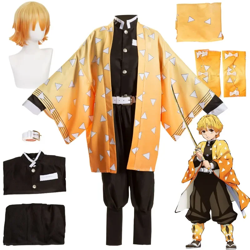 Anime Agatsuma Zenitsu Cosplay Traje para mulheres e crianças, roupas de quimono, uniforme de festa, vestido preto e amarelo