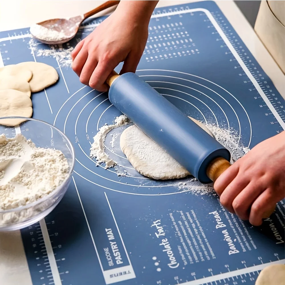 Conjunto de rolo de silicone e tapete de cozimento – antiaderente, fácil de usar para pizza, macarrão, biscoitos, ideal para rolar e medir massa