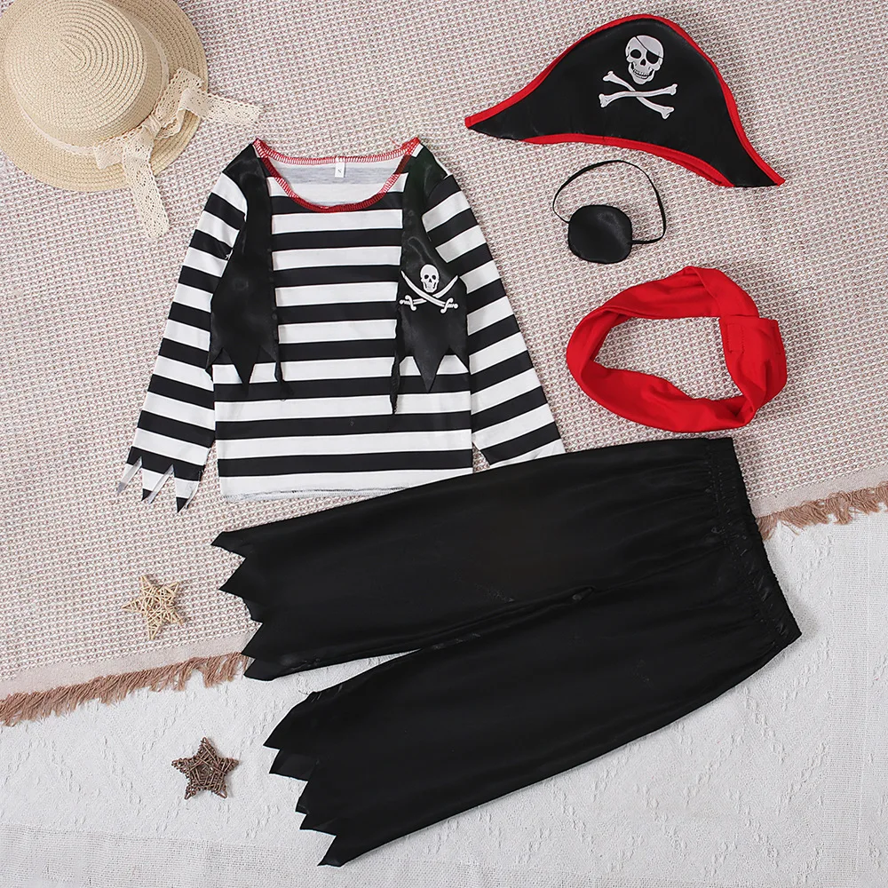 Kinder-Piraten-Kostüm-Set, 5-teilig, schwarz-weiß gestreiftes Oberteil + Hose + Hut + Augenklappe + rotes Bandana, Halloween-Bösewicht-Räuber-Cosplay-Outfit für Jungen – Detail 2