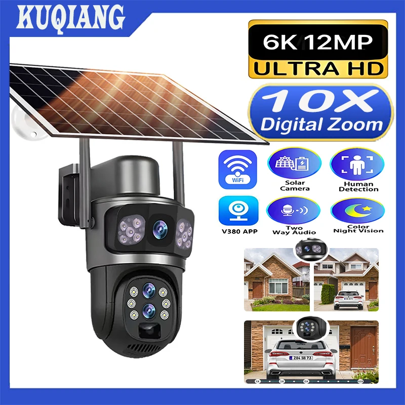 

6K 12MP Outdoor WiFi Wireless Solar Camera 10X Zoom Three Screen 360° PTZ IP Camera PIR Mobile Detection Security surveillance