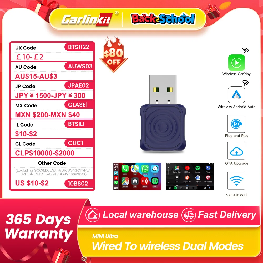 

CarlinKit MINI Ultra Беспроводной адаптер CarPlay Android Auto Box Проводной к беспроводному USB Plug and Play Бесшовное соединение 5,8 ГГц