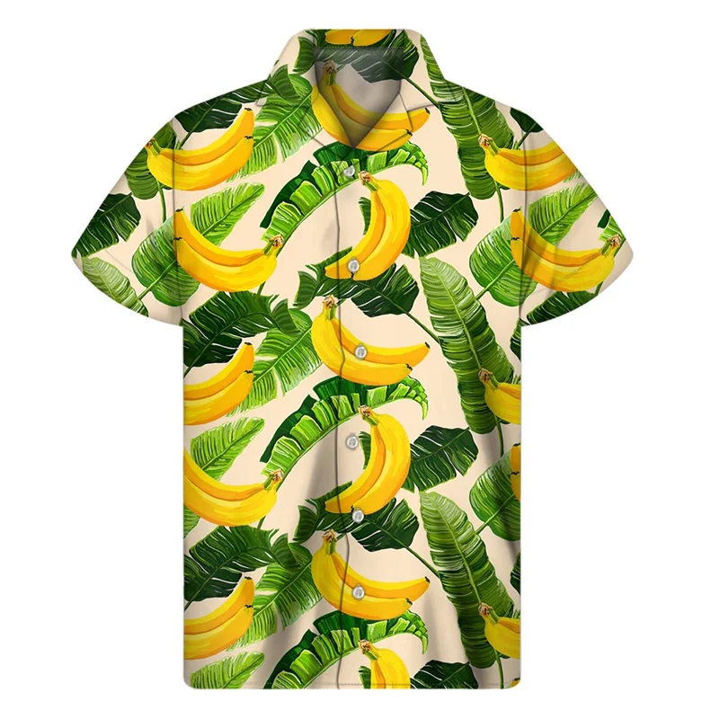 Camisa de banana havaiana masculina, estampa em 3D, manga curta, casual para praia, camisa de peito único, roupa masculina, moda verão