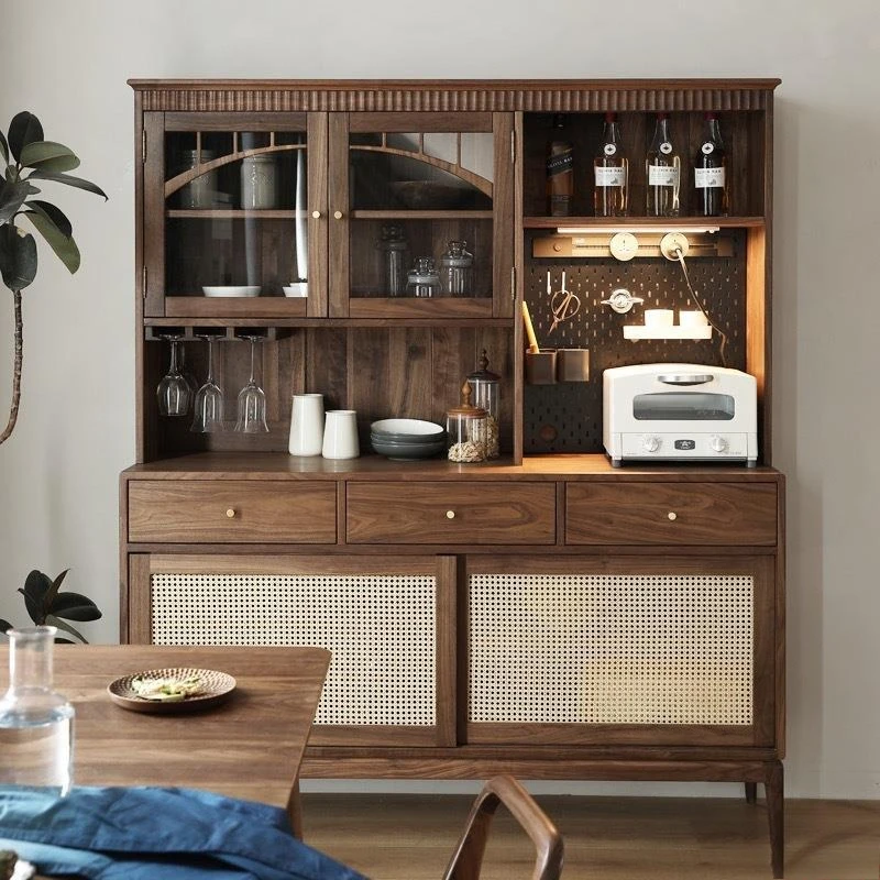 Nordic solid wood retro dining side cabinet Japanese black walnut dining room locker integrated against the wall