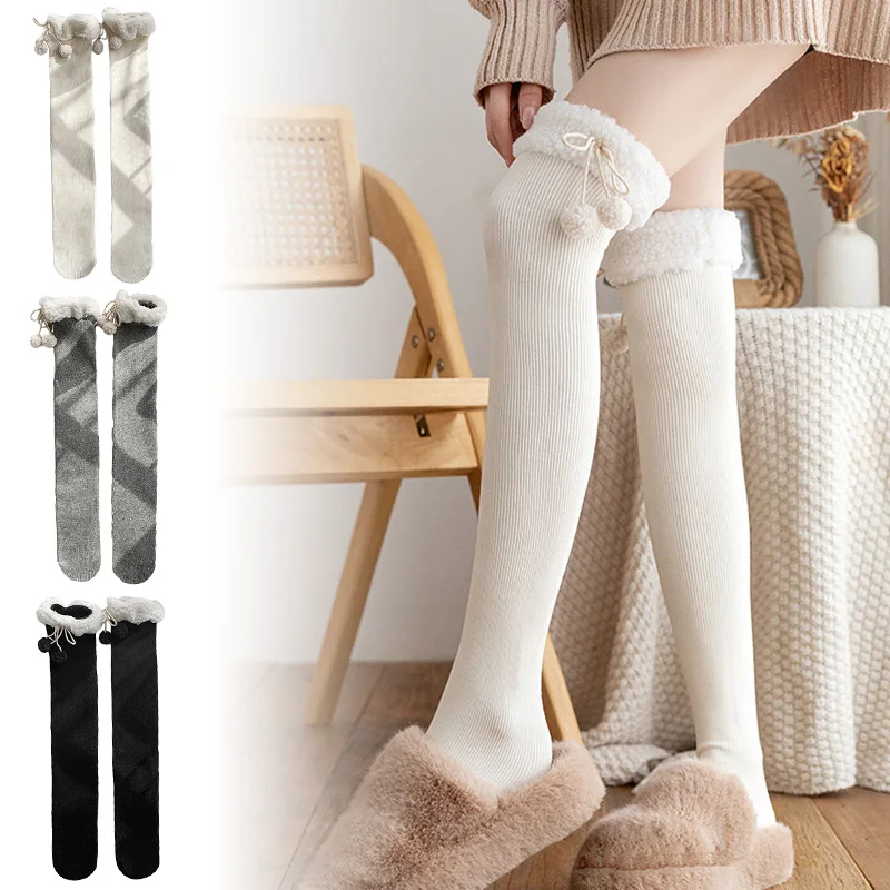 1pair Plush Vertical Stripe Stockings Kawaii Lolita Lamb Wool Socks Autumn Winter Thicken Warm Tights Sweet Girl Knee High Socks