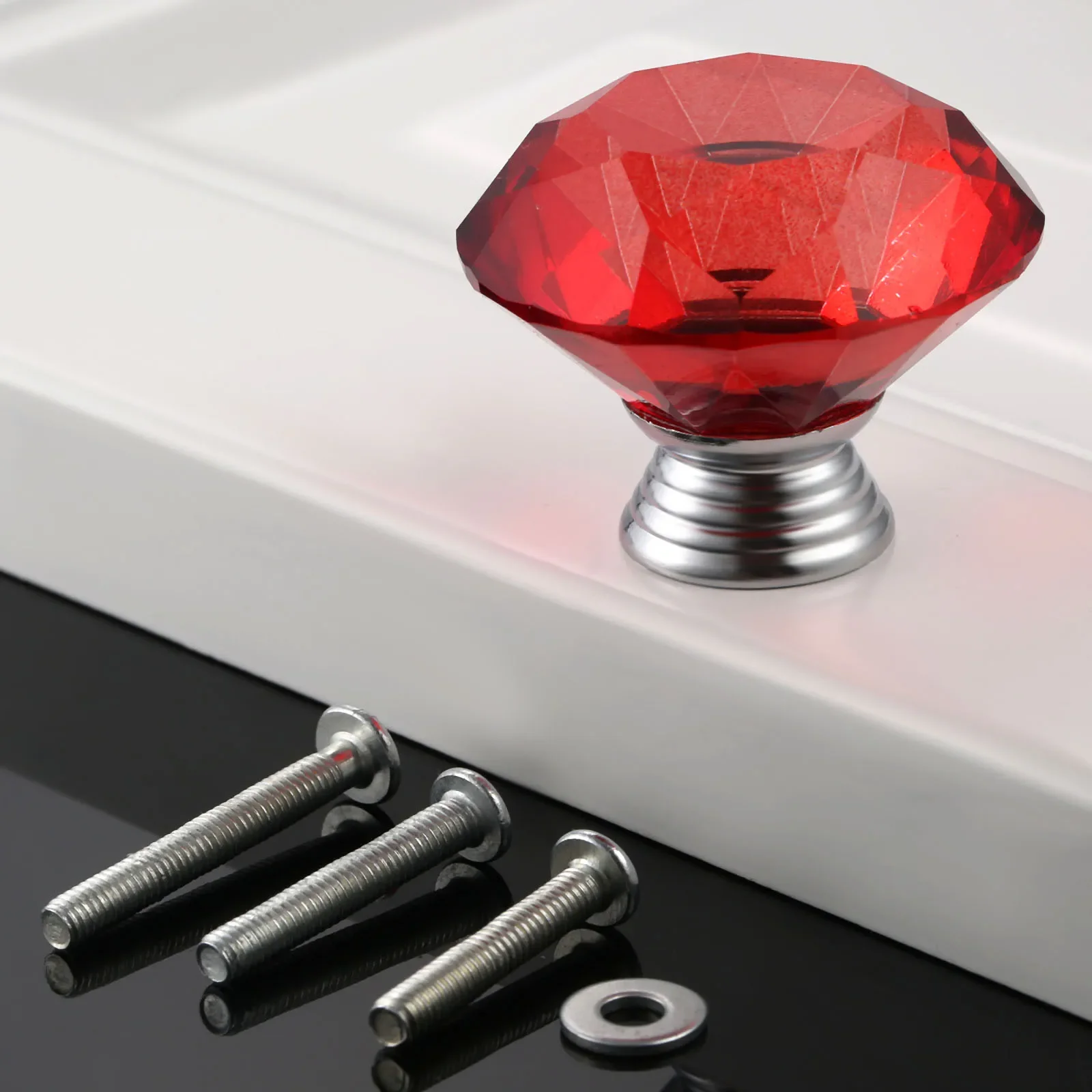 1PC 40mm Red Diamond Shape Crystal Glass Knobs With Screws Gasket For Door Cabinet Dresser Drawer Brilliant Strong Durable