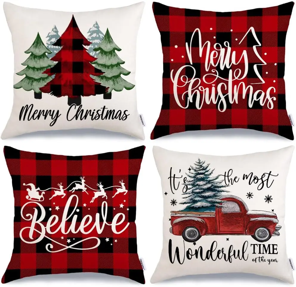 Merry Christmas Pillow Covers 18x18 Inch Set of 4 Xmas Trees Buffalo Plaid Believe Truck Throw Pillowcase Cushion Cases for Home