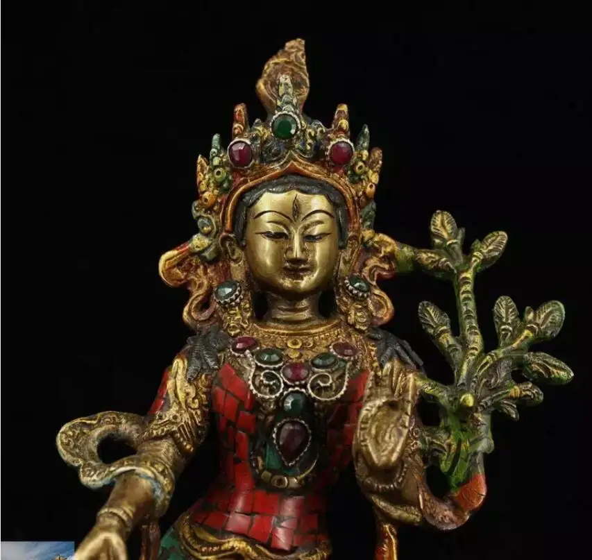 Tibet Buddhism temple bronze Gilt Inlay turquoise gem Tara KwanYin Buddha statue