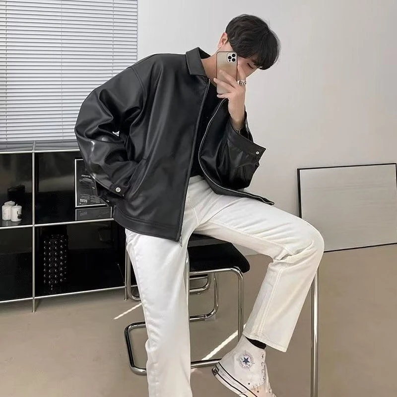 

Trendy Men's PU Leather Retro Jacket Oversized Biker Style Casual Winter Coat with Zippered Pockets