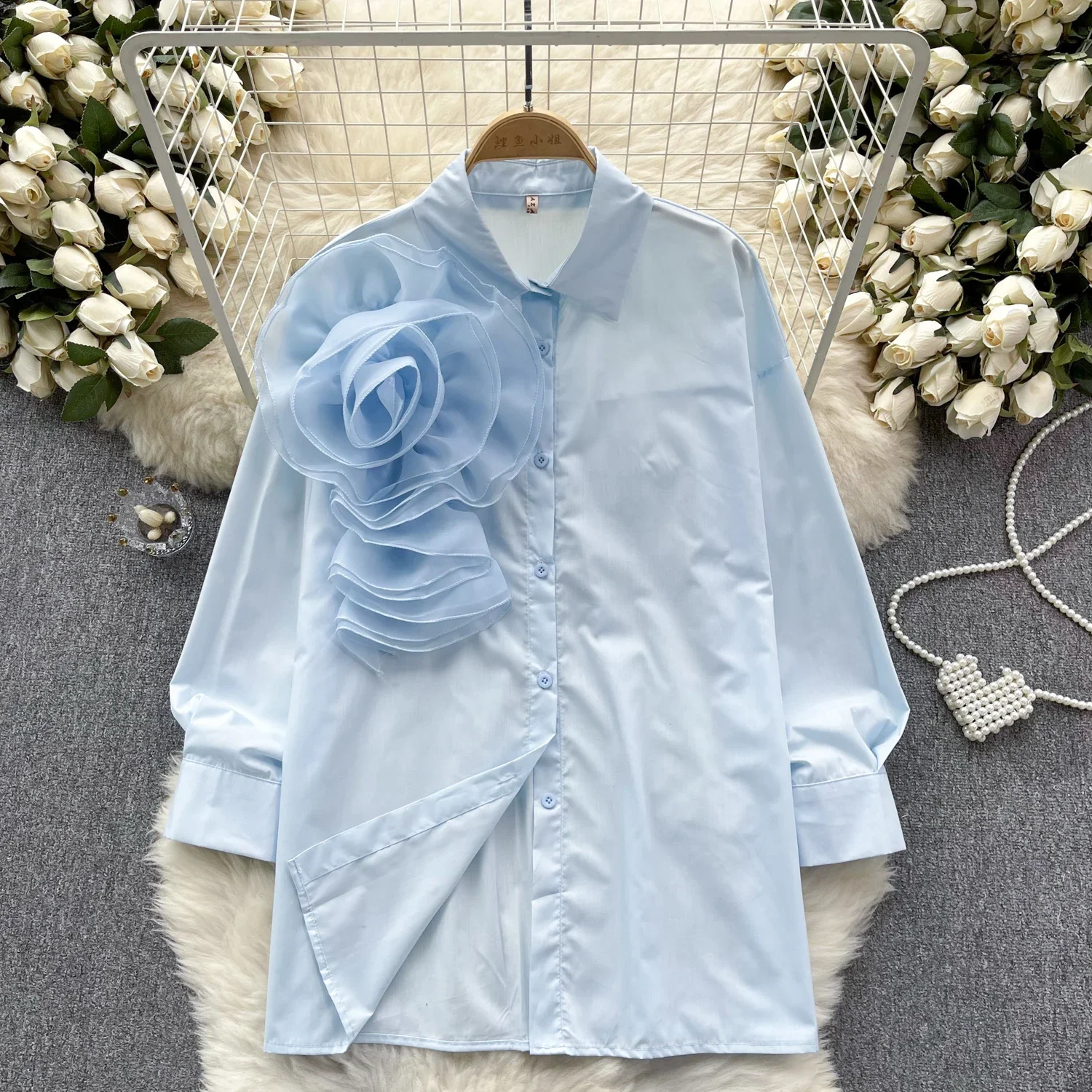 2024 Solid Summer Shirts&blouses 3D Flowers Vintage Korean Fashion Women Tops Elegant Sweet Party Blusas Mujer