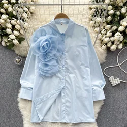 2025 Solid Summer Shirts&blouses 3D Flowers Vintage Korean Fashion Women Tops Elegant Sweet Party Blusas Mujer