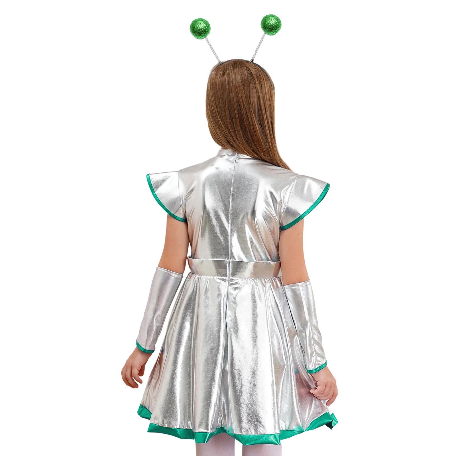 Girls Astronaut Robot Outer Space Cute Carnival Costume Alien Cosplay Outfits Cap Sleeve Tutu Alien Dress with Arm Sleeves
