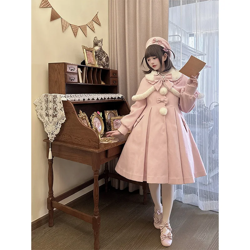 Original Japanese Retro Elegant Detachable Cape Fur Collar Bow Long Sleeve Sweet Versatile Woolen Long Coat Women Winter Jackets - Image 4
