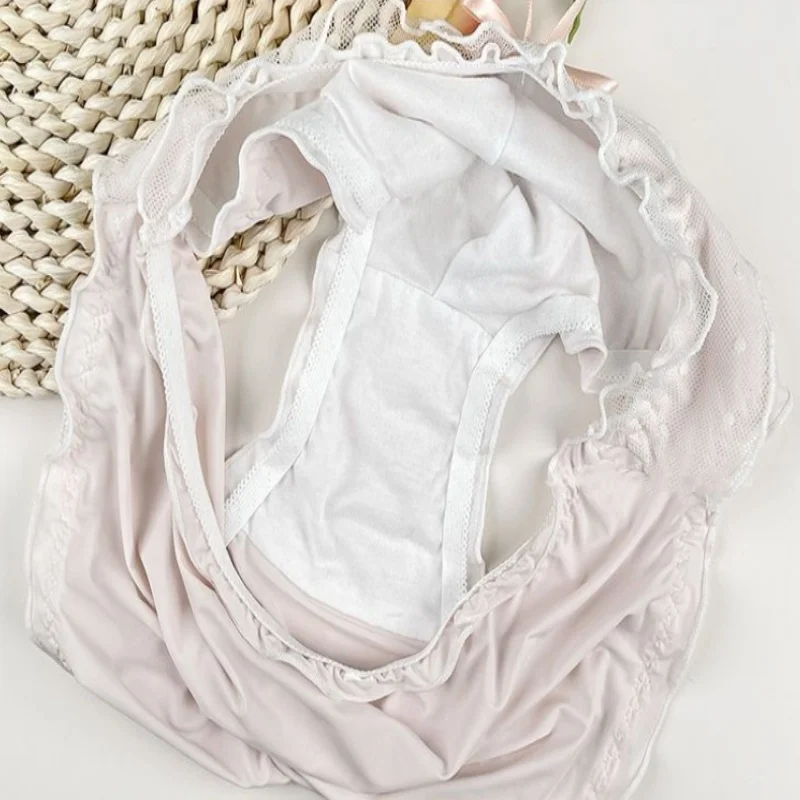Men's Sexy Briefs Ice Silk Ruffles Triangle Briefs Comfortable Breathable Bulge Underwear Sissy Lace Bow Sexy Lingerie Panties