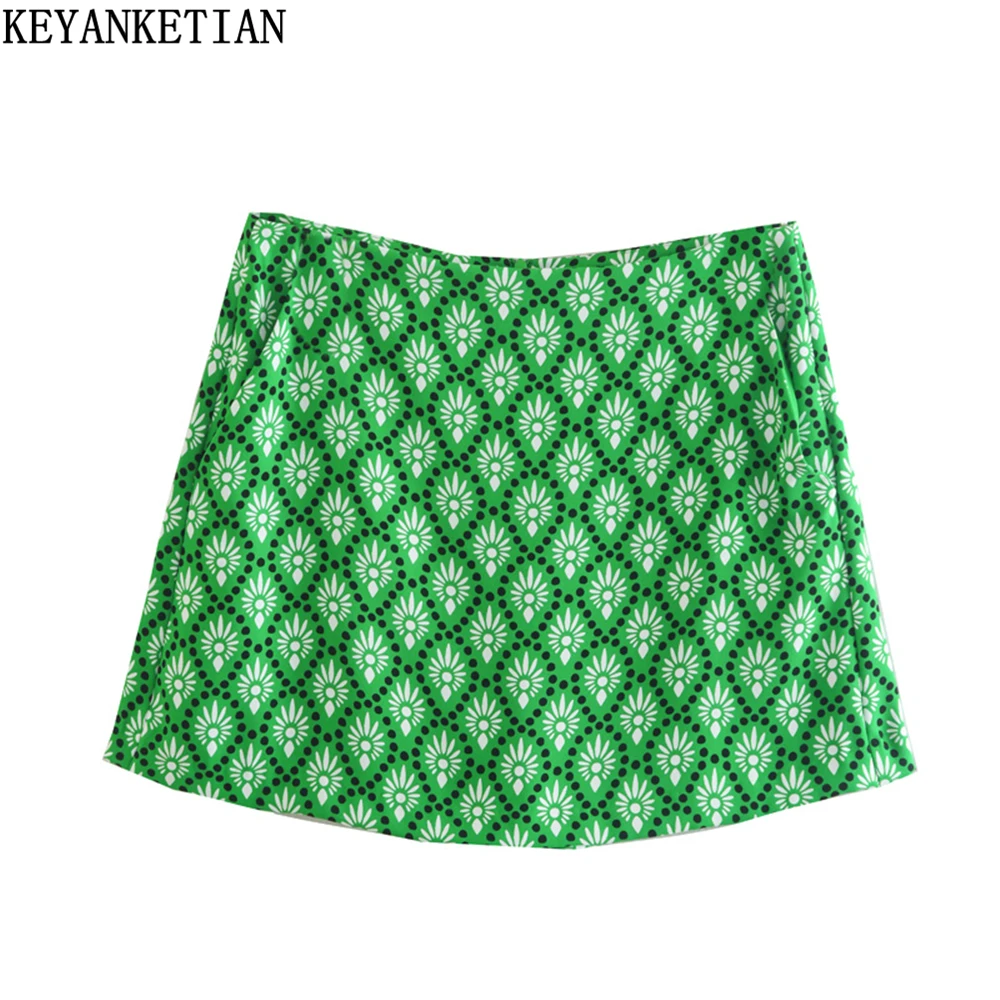 

KEYANKETIAN women's summer new national style printed short culottes green zipper high waist straight shorts in color