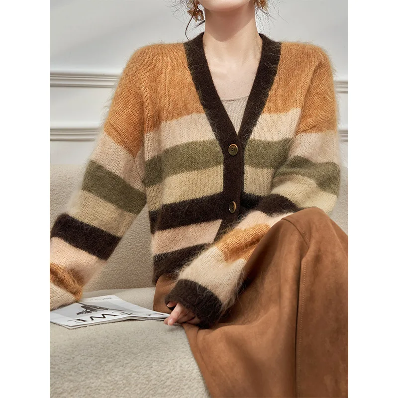 

Color-Block Striped V-Neck Cardigan Women, Super Stylish Autumn Winter