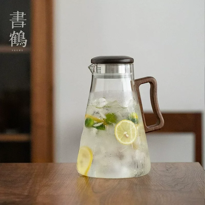 Large Capacity 2000ML Glass Cold Water Jug Heat Resistant Water Pot With Wooden Handle Filter Lid Juice Glass Pitcher Bottle - view 2