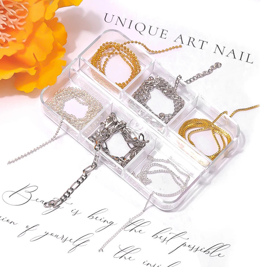 6Grids Trendy Gold Silver Color Metal Nail Chain Charms Mix Thin Bead 30cm Link Chains Nail Art Decorations Manicure Accessories