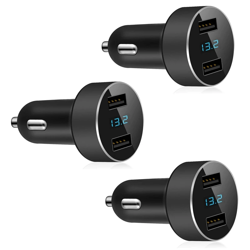 3X Dual USB Car Charger,Output 4.8A Car Adapter,Cigarette Lighter Voltage Meter For Iphone,Ipad,Samsung,LG,Black