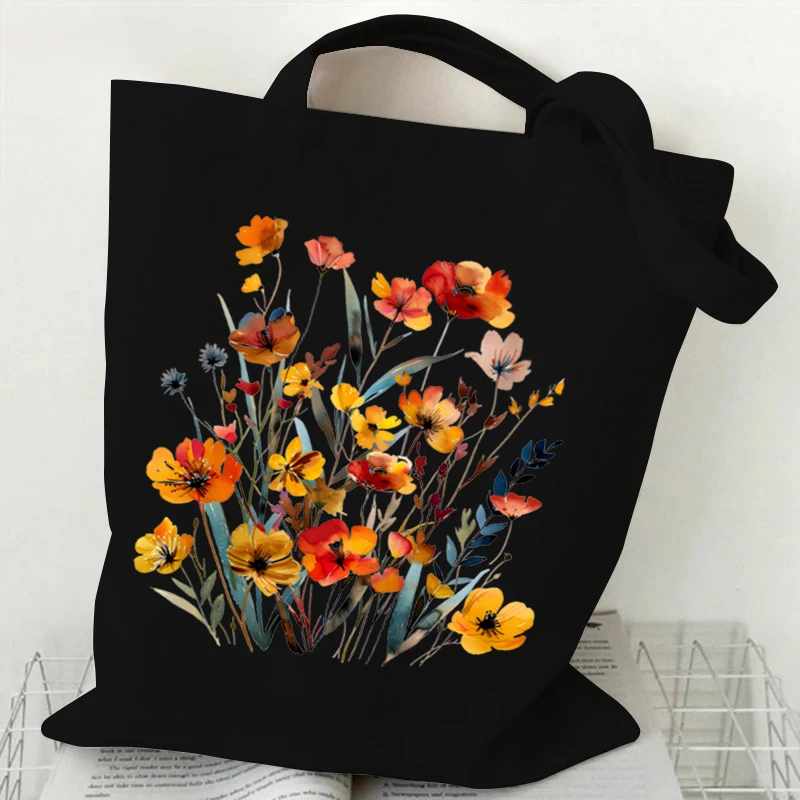 Sacola com gráfico floral para mulheres, estilo boho, flores silvestres, bolsas de ombro, estética, bolsas de compras vintage, planta aquarela