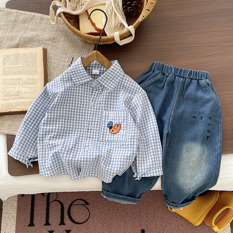 Boys 2Pcs Outfit,Blue Plaid Long‑Sleeve Shirt Cartoon Embroidery Top+Elastic Waist Denim Pants,Spring Autumn Kids Casual Clothes