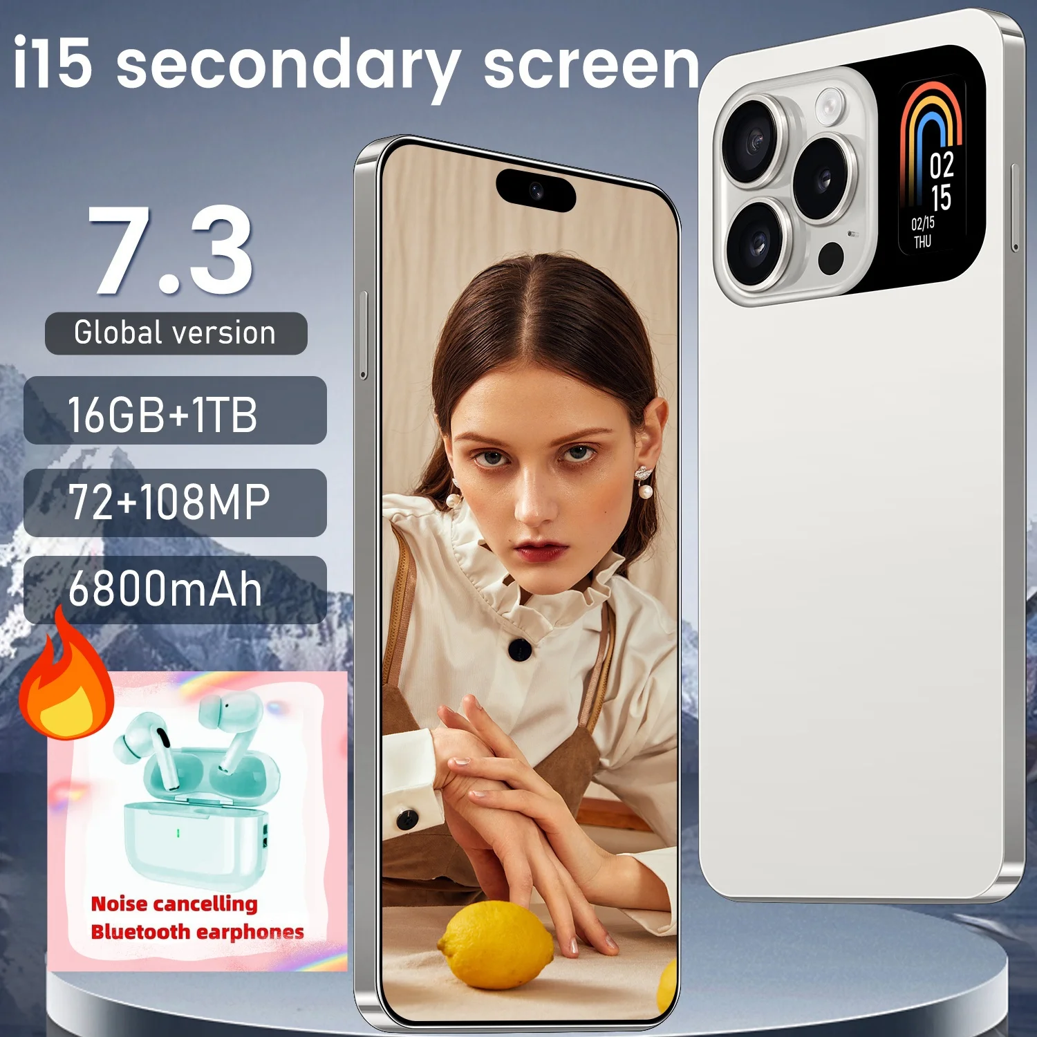 

New I15 Pro High-end Cellphone 7.3 HD Second Screen Smartphone 5G Android13 Mobile Phone 16G+1T Dual Sim Celulares 108MP 6800Mah