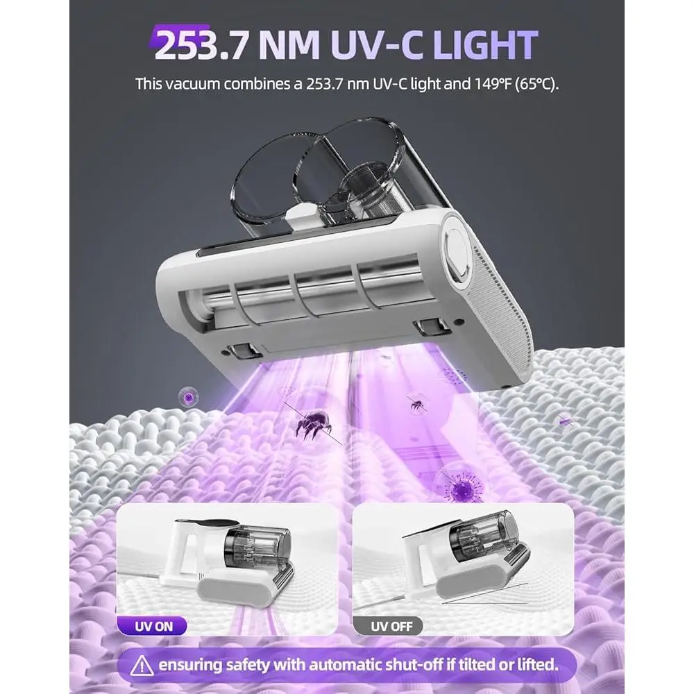 Mattress Vacuum Cleaner with UV-C Light 16Kpa Suction 36000RPM Brushroll Heating Dual-Cup Dust Separation Portable Corded 12W