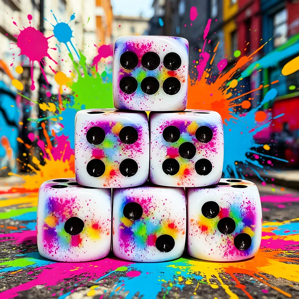 10-teiliges Set Lebendige Bunte Splatter-Würfel 16MM D6, Premium Regenbogen-Würfel für Tabletop-RPGs, Brettspiele, DND, Partyspiele