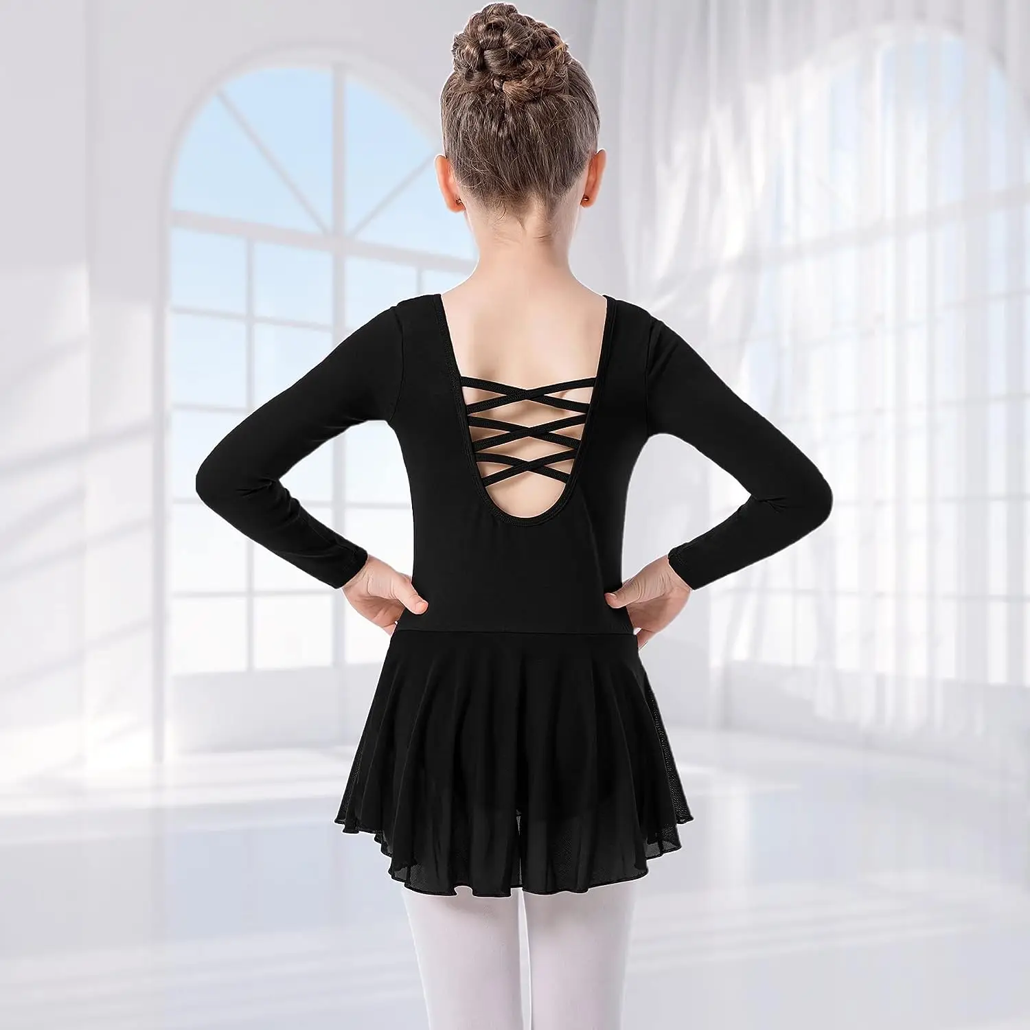 Girls' Ballet Leotard Toddler hollow out  Back Dorsal do alternately  Long Sleeve Skirt Kids Mesh Dance Dress